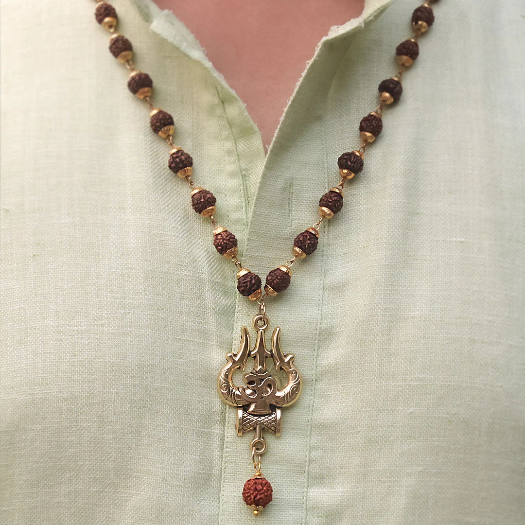 Gold Plated Rudraksha OM Shiva Trishool Necklace